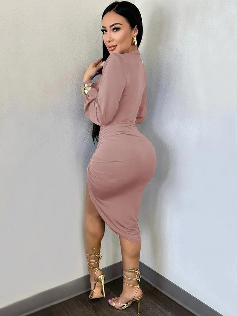 Women's Plain Ruched Wrap Split Thigh Bodycon Dress