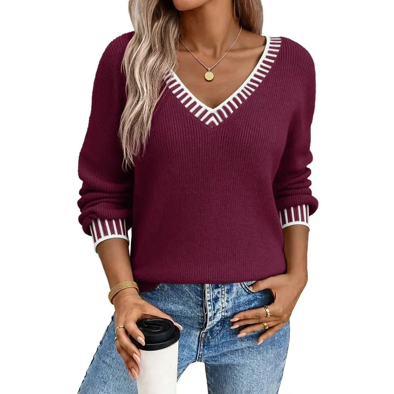 Womens Sweaters Long Sleeve V neck Warm Pullover Knit Tops