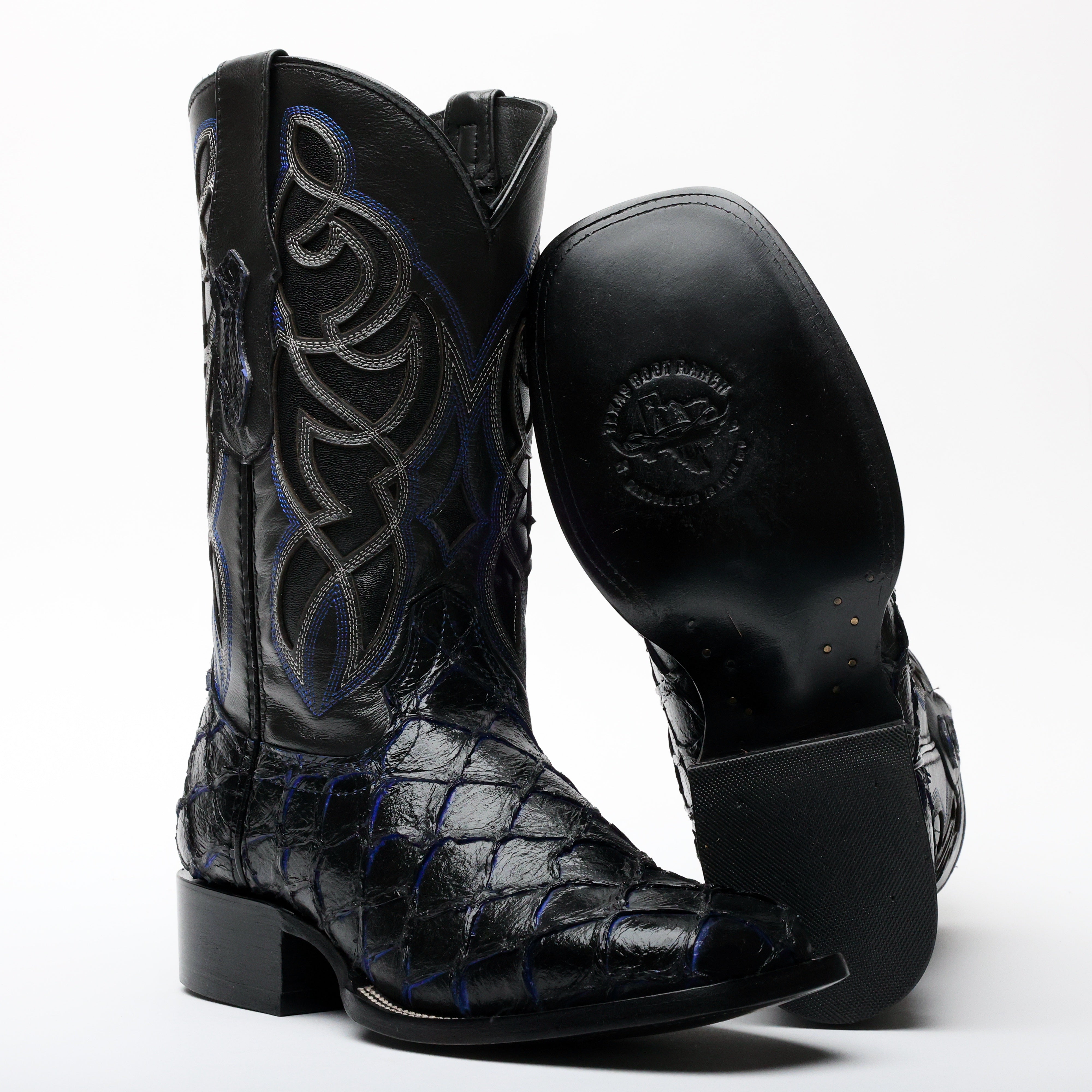 Black/Blue Pirarucu Leather Boots - Square Toe