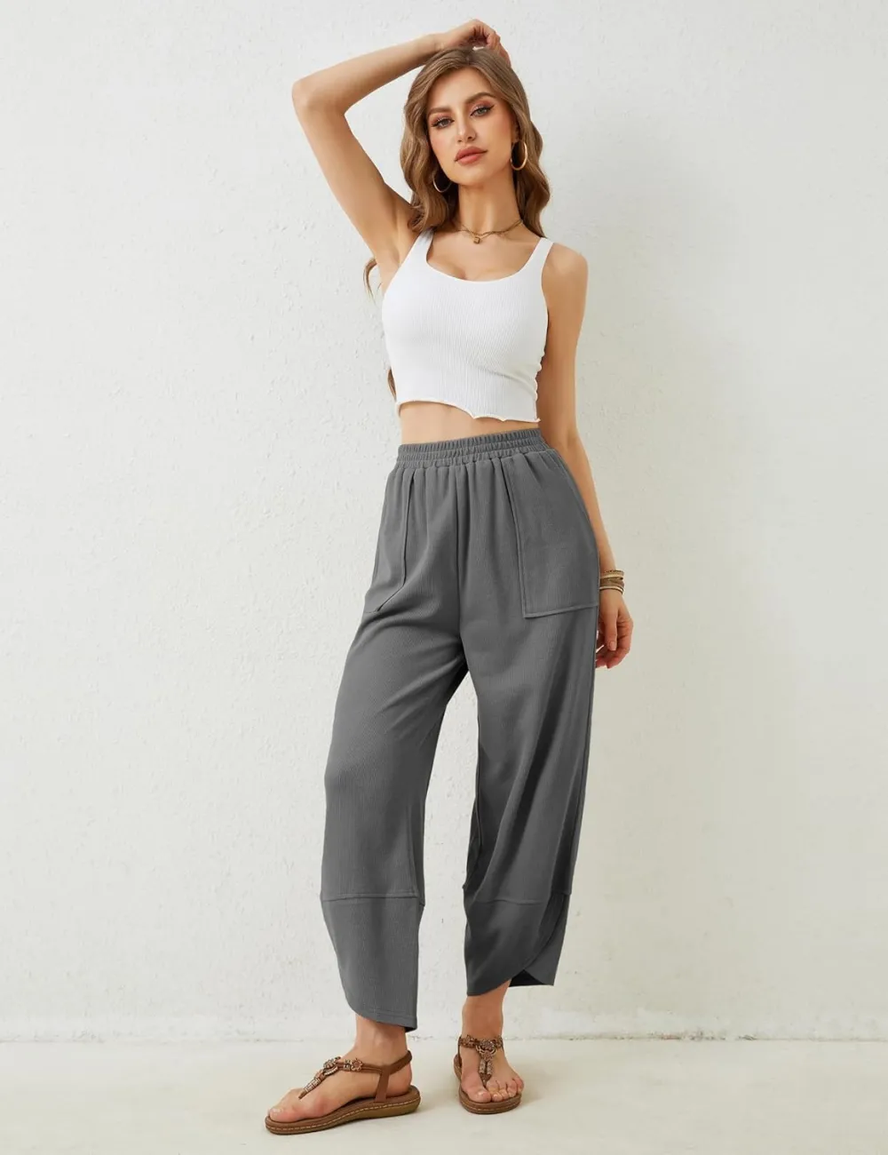 Women's Wide Leg Harem Pants Casual Palazzo Pants with Pockets High Waist Relaxed Fit