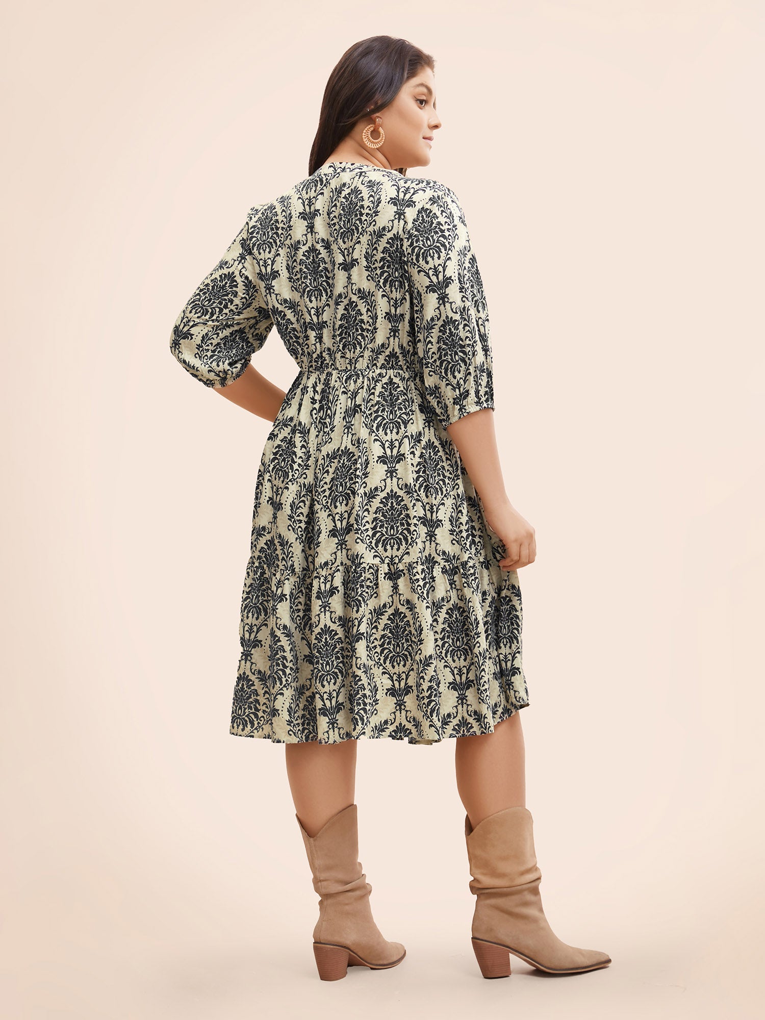 Damask Print Tie Knot Puff Sleeve Dress
