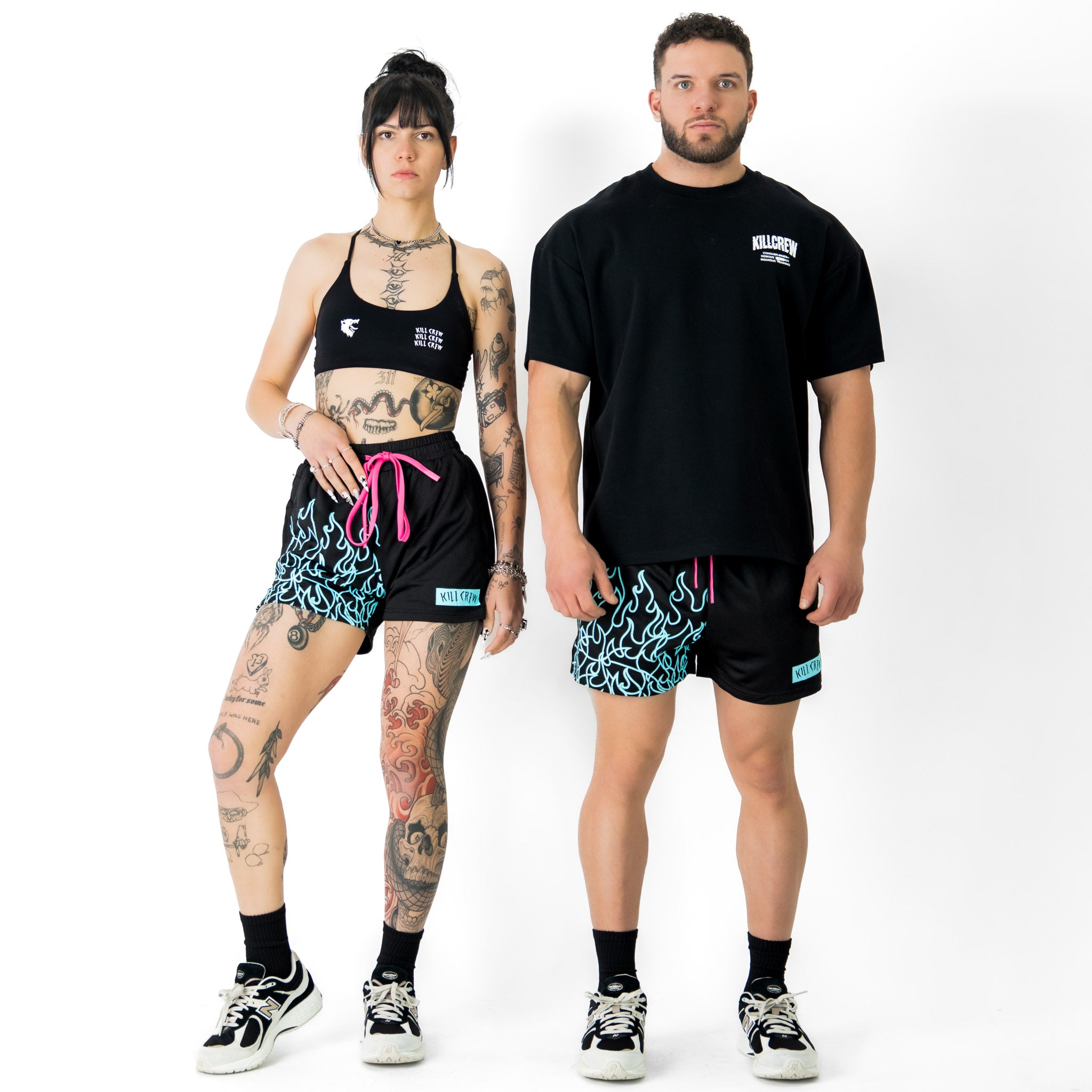 MUAY THAI FLAME SHORTS (MID THIGH CUT) - BLACK / TEAL