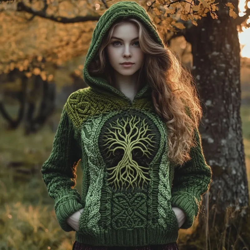 Viking Tree Of Life Knit Pattern Women's Hooded Sweater