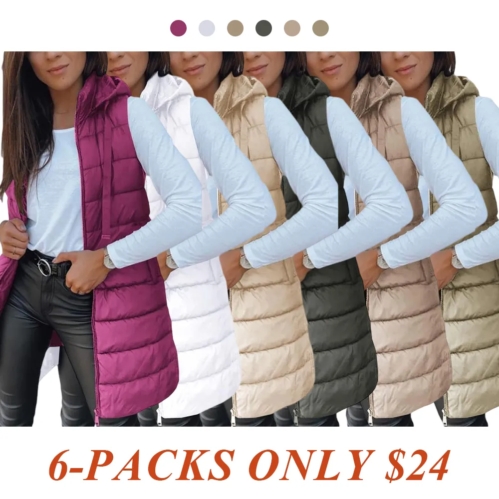 Women Long Vest Solid Color Sleeveless Hood Winter Puffer Vest Outwear