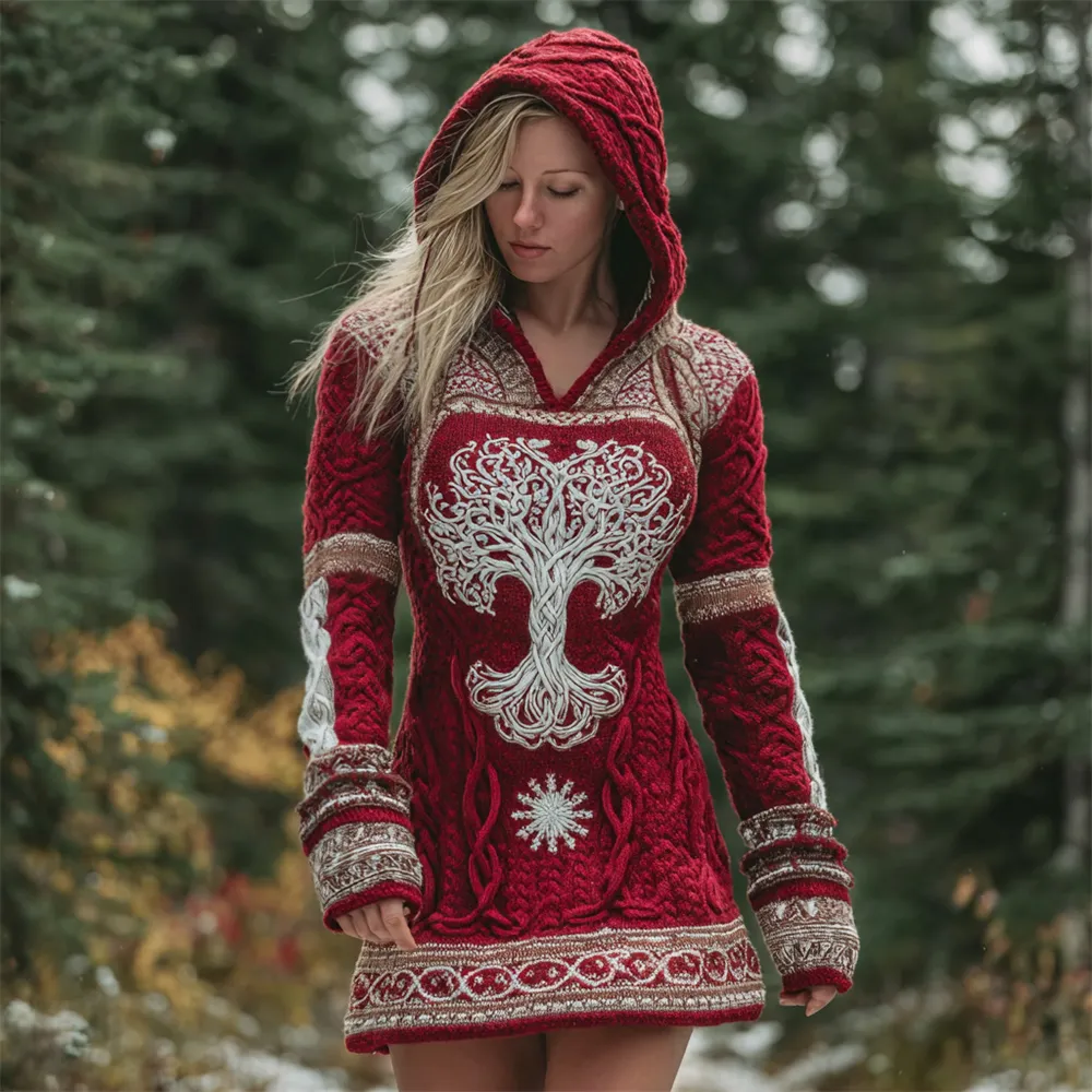 Viking Christmas Celtic Tree Women's Knit Hooded Mini Dress