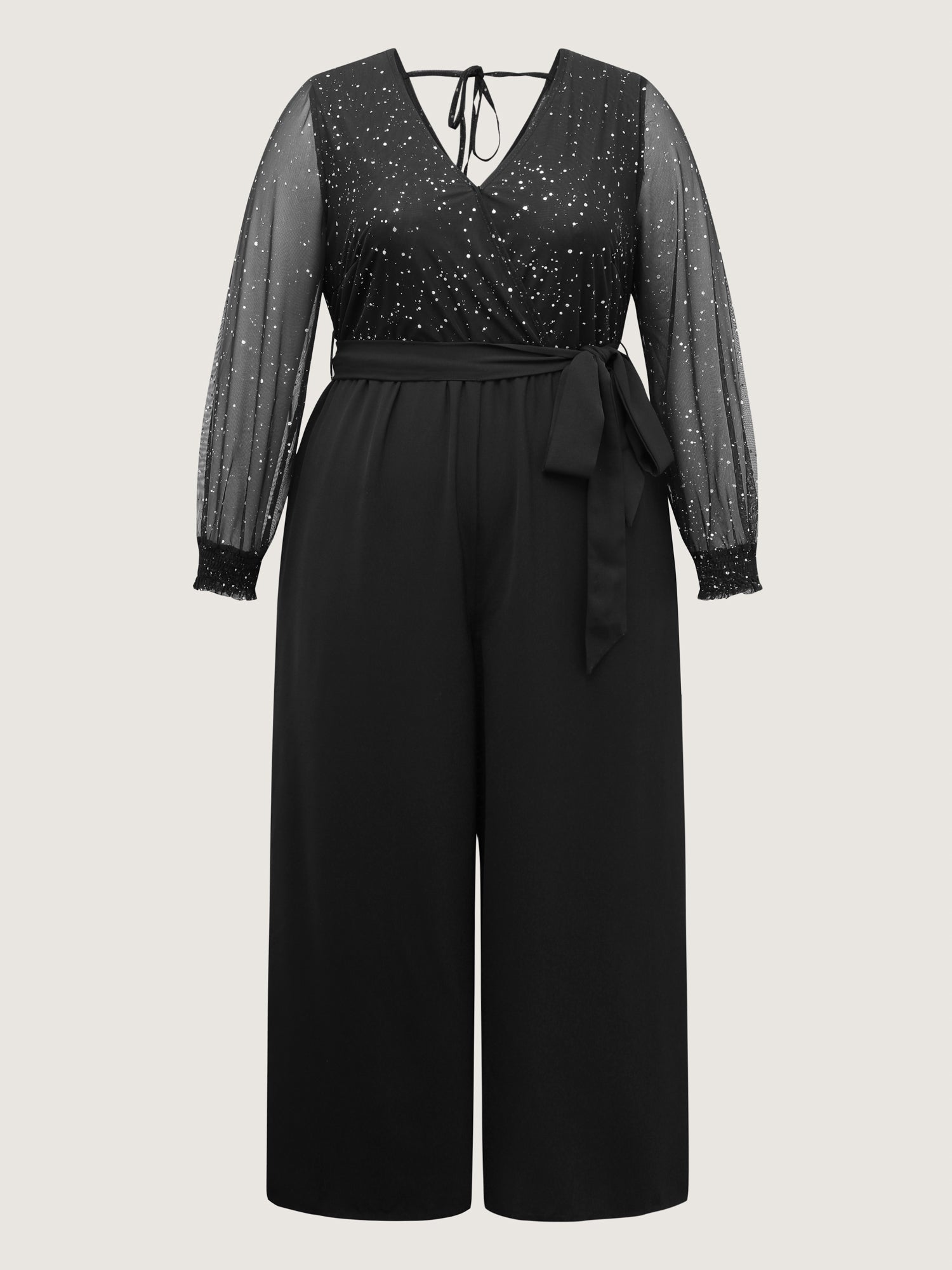 Sparkly V Neck Sheer Belted Wide Leg Jumpsuit