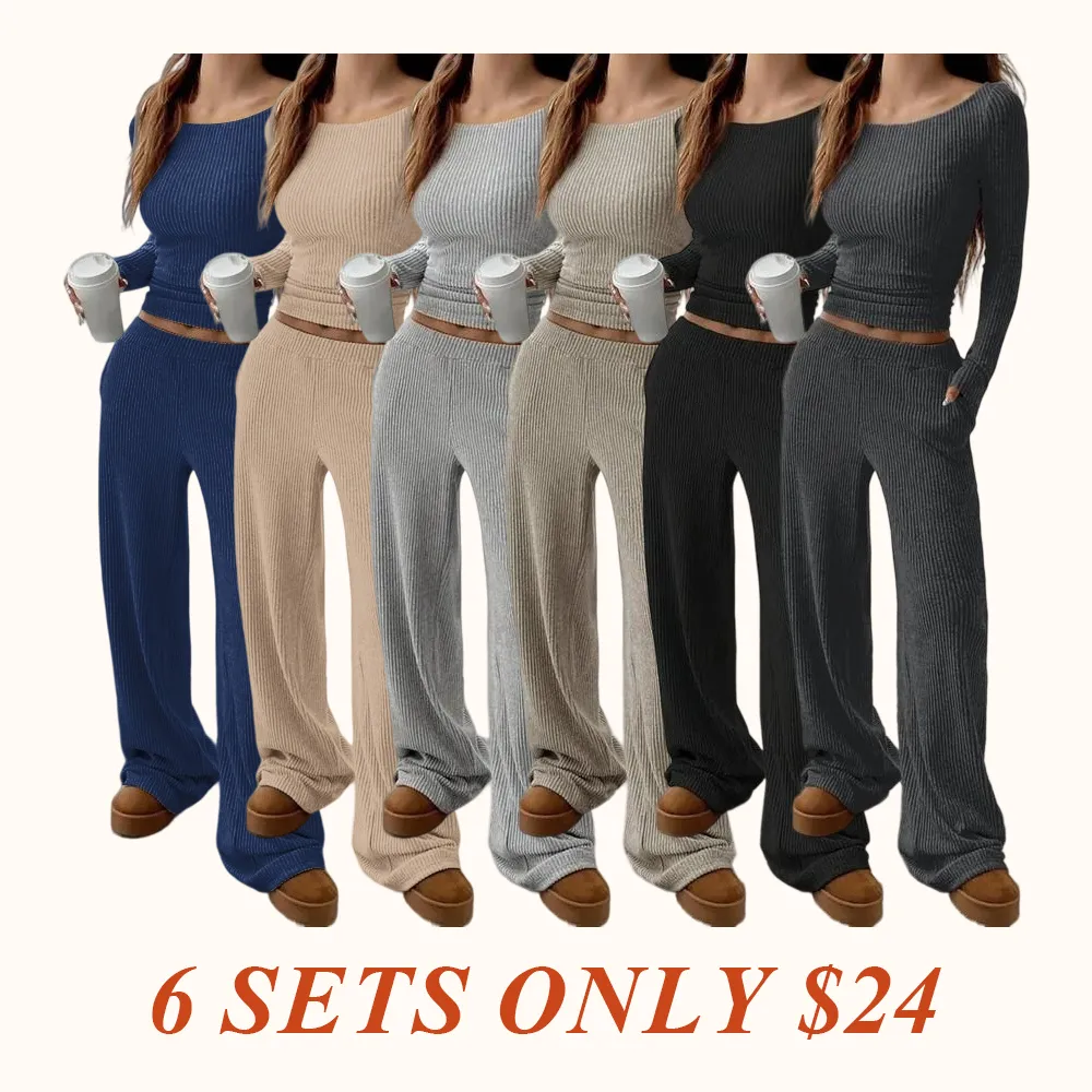 Women's Casual Striped Long Sleeve Top & Loose Pocket Pants Set