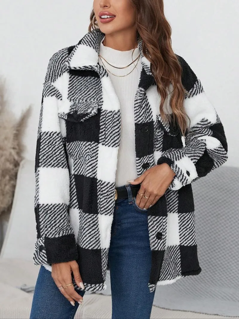 Women's Plaid Print Button Front Fuzzy Coat