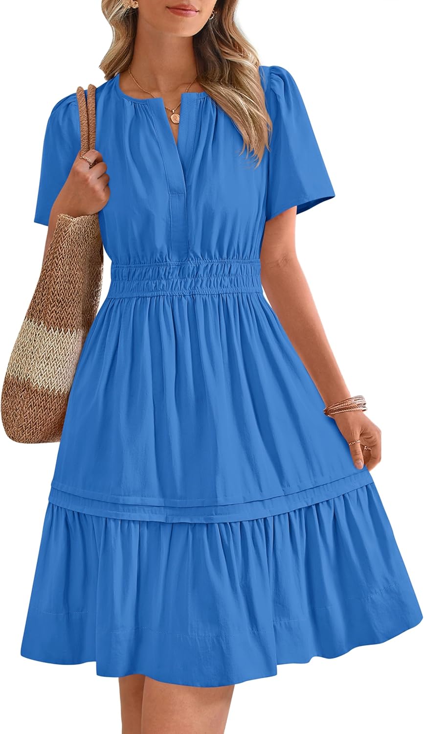 Women's Casual Dresses 2025 Summer Spring V Neck Short Sleeve Sundress Smocked Waist A Line Tiered Mini Dress