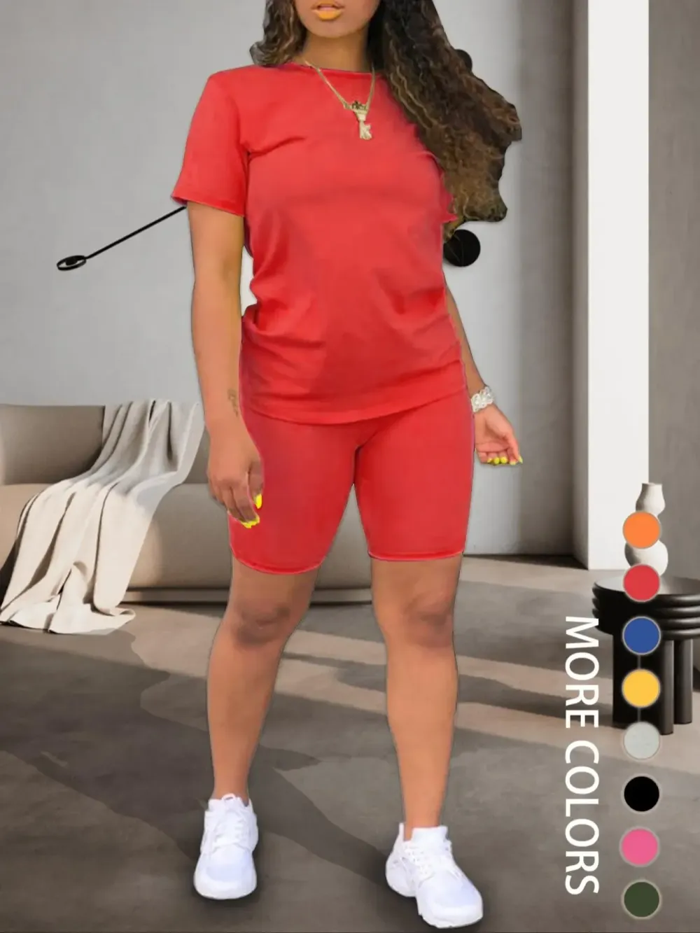 Two-piece Set Women's Fitted Plain Round Neck Tee & Skinny Shorts Set, Summer Clothes Women