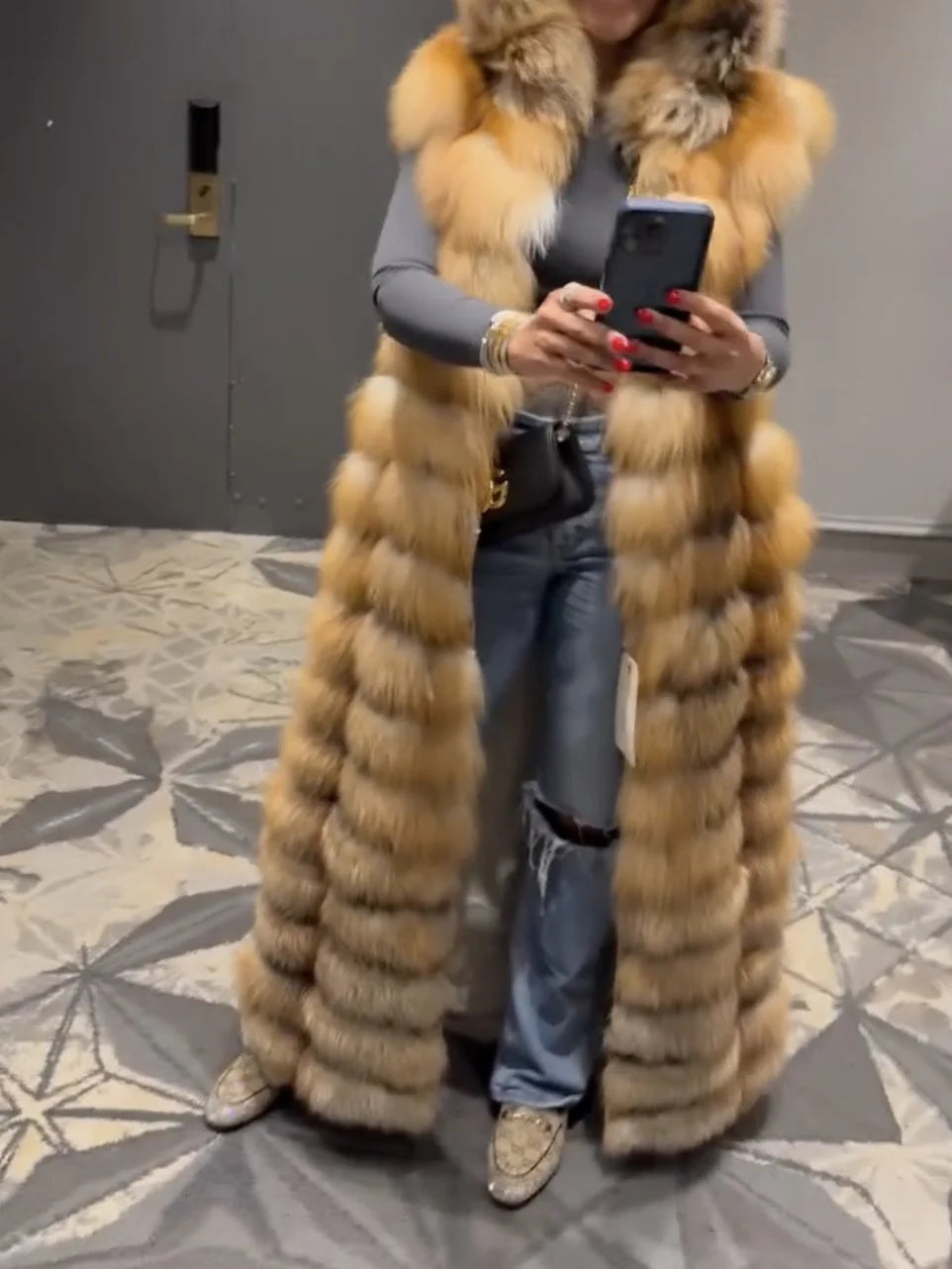 Long Red Fox Fur Vest With Hood（✔️Free shipping）