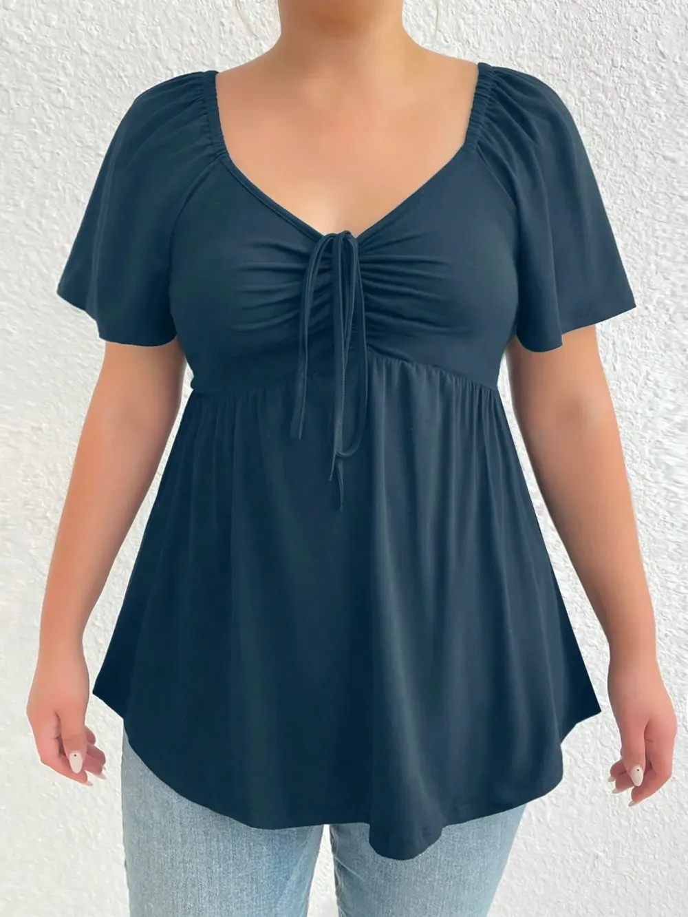 Plus Size Solid Color Rhinestone Collar Tie Front Short Sleeve Simple Casual T-Shirt