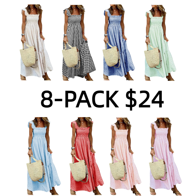 Women's Retro Plaid Smocked Dress Spaghetti Strap Flounce Long Casual Sleeveless Flowy Evening Fashion Basic with Pockets