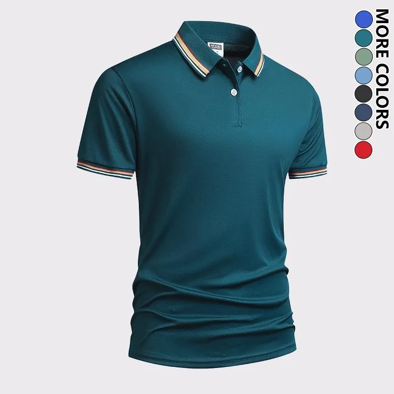 Men's Quick Dry Color Block Striped Polo Shirt, Classic Button-Down Collar Top