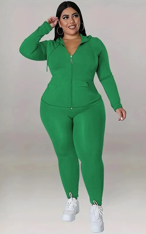 Plus Size Solid Zip Up Hooded Top & Skinny Pants Set