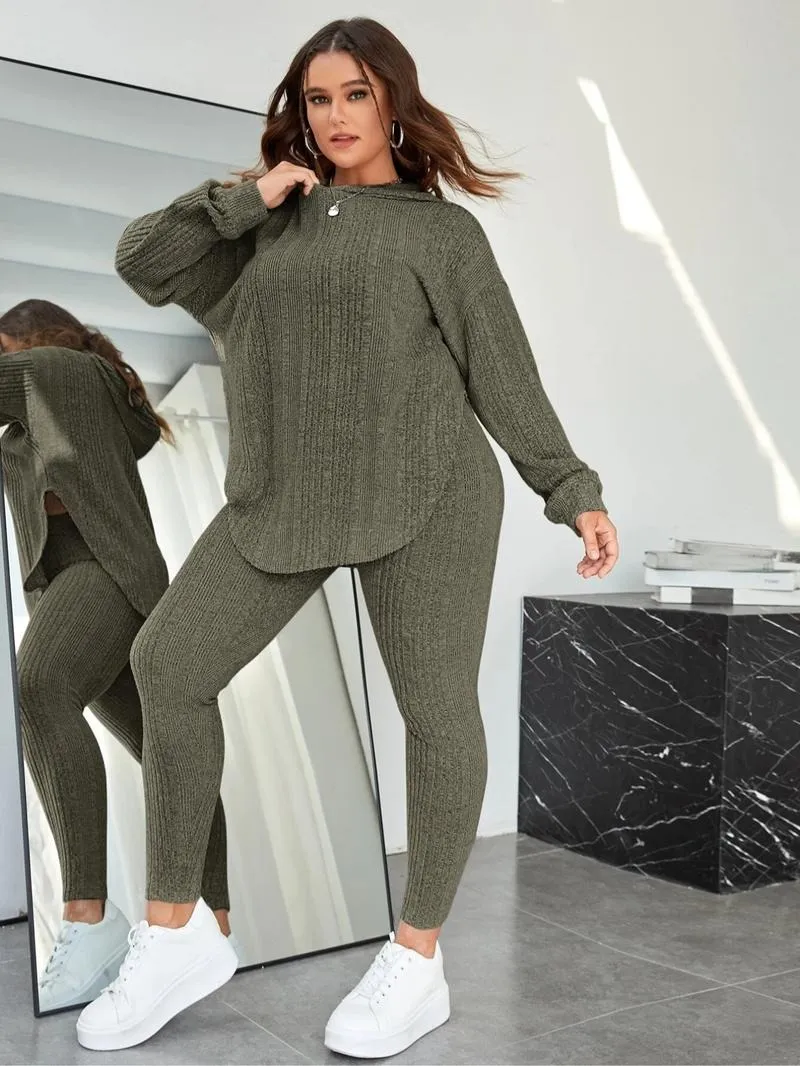 [Plus Size] Plain Split Curved Hem Hoodie & Leggings Lounge Two-piece Set