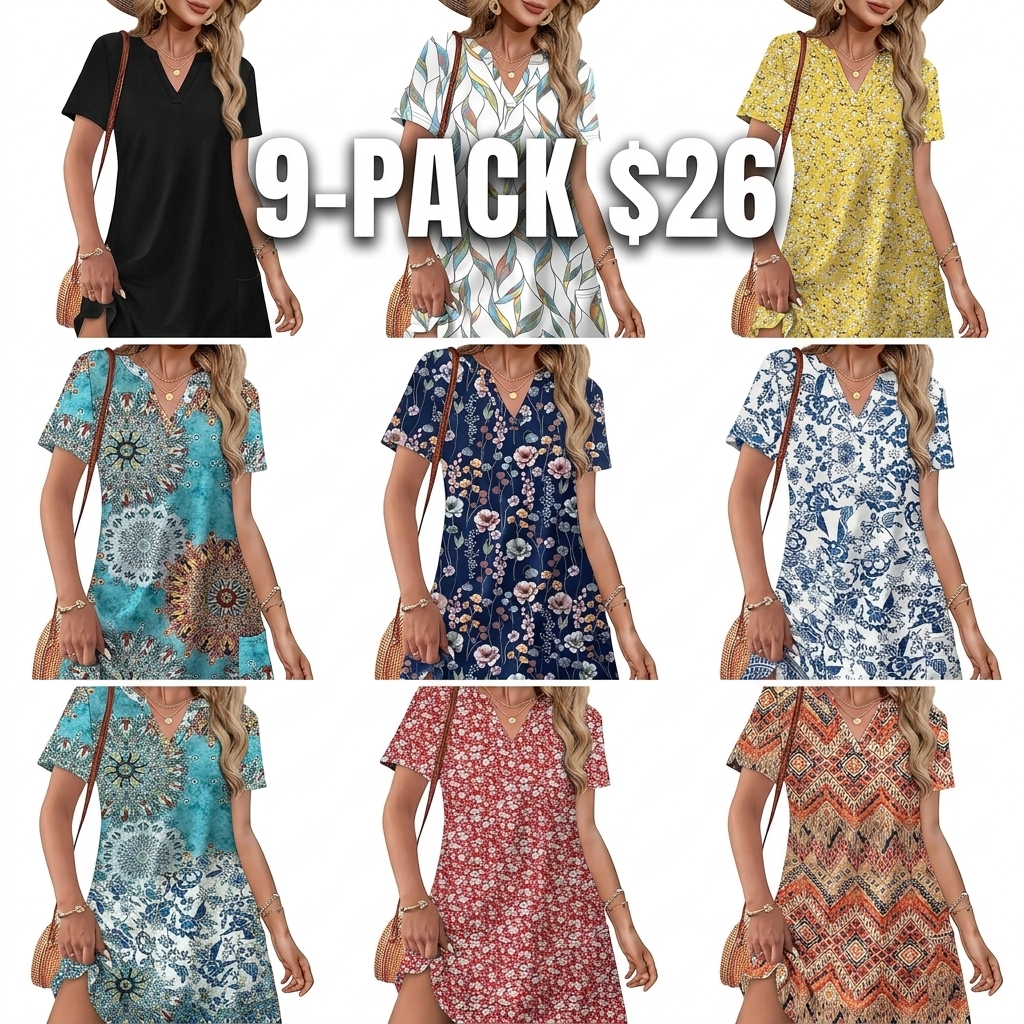 Womens Summer Dresses Ruffle Sleeve V Neck Loose Swing Sundresses with Pockets Plain/Print