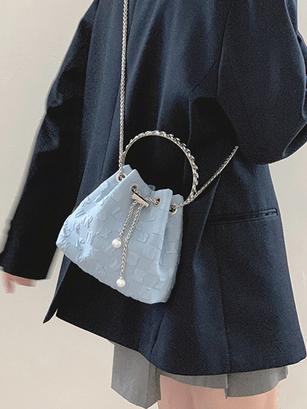 Urban Solid Color Checkered Chain Bucket Messenger Bags