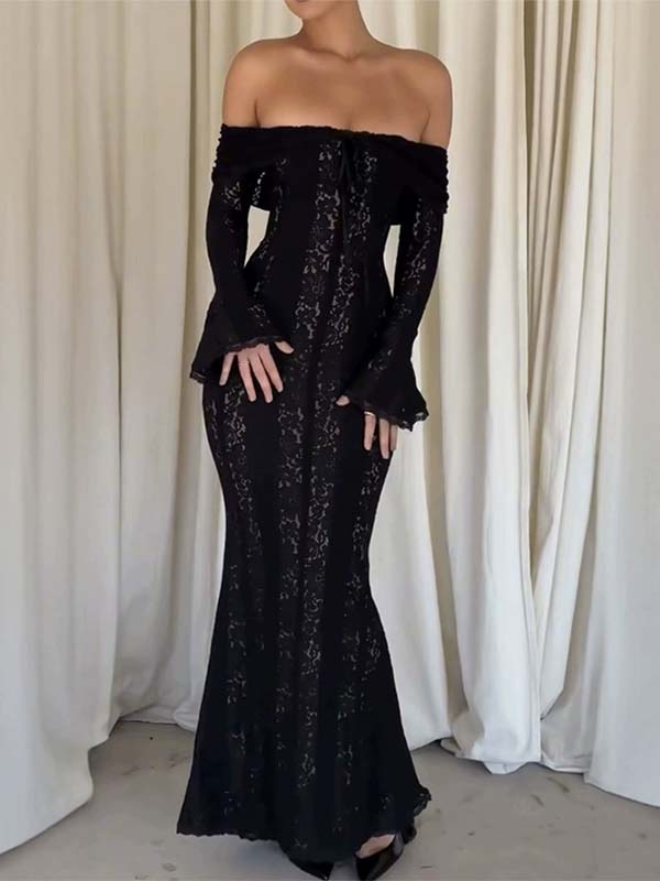 Flower Lace Splicing Striped Long Sleeves One-Shoulder Wrap Maxi Dresses