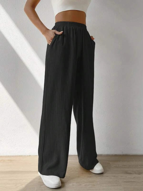 Elasticity Solid Color Split-Joint High Waisted Loose Trousers Pants