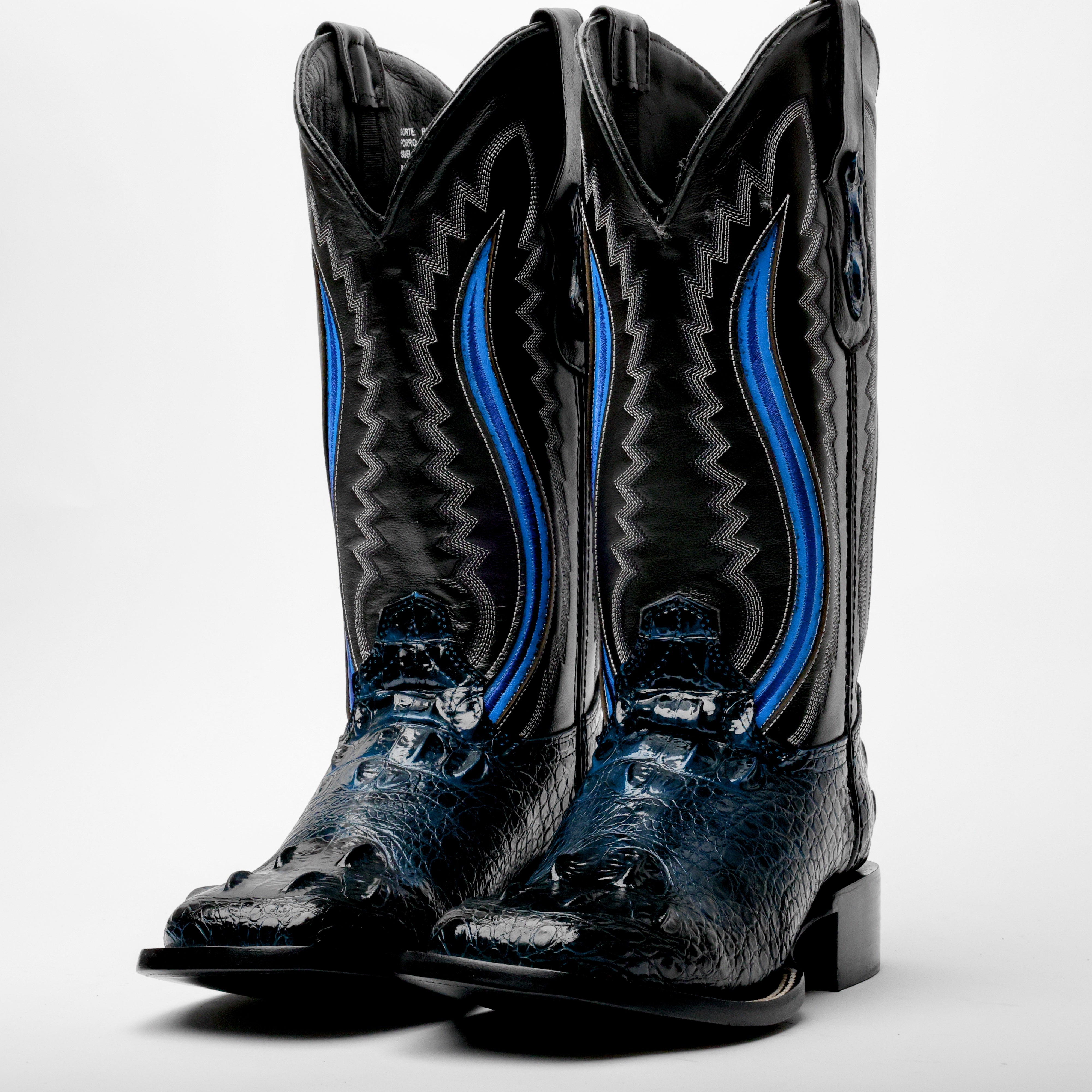 Midnight Blue Giant Caiman Hornback Leather Boots - Square Toe