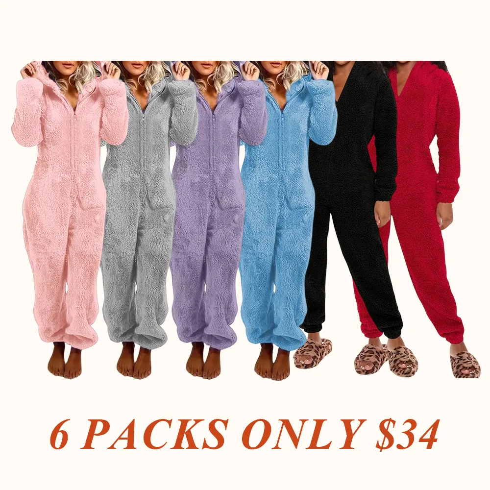 Women's Solid Zipper Hooded Plush Pajama Jumpsuit