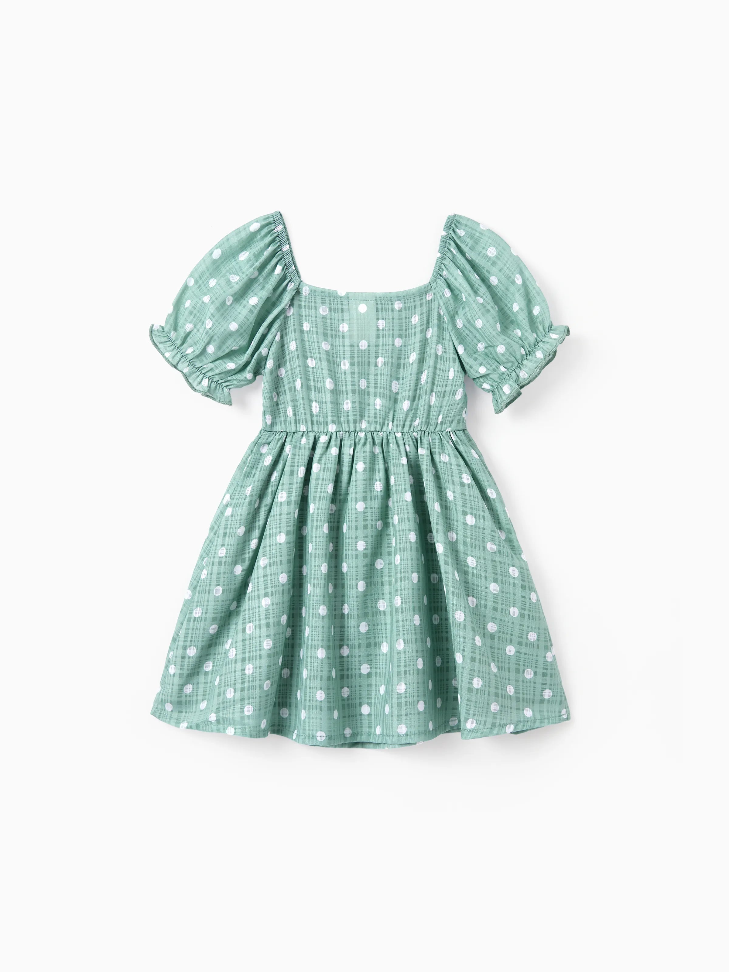 Family Matching T-Shirt & Dress Set Polka Dot Puff-sleeve Dress for Mom, Daughter & Baby, Color Block Cotton Tee for Dad & Son, Perfect for Family Outings & Photos Light Green