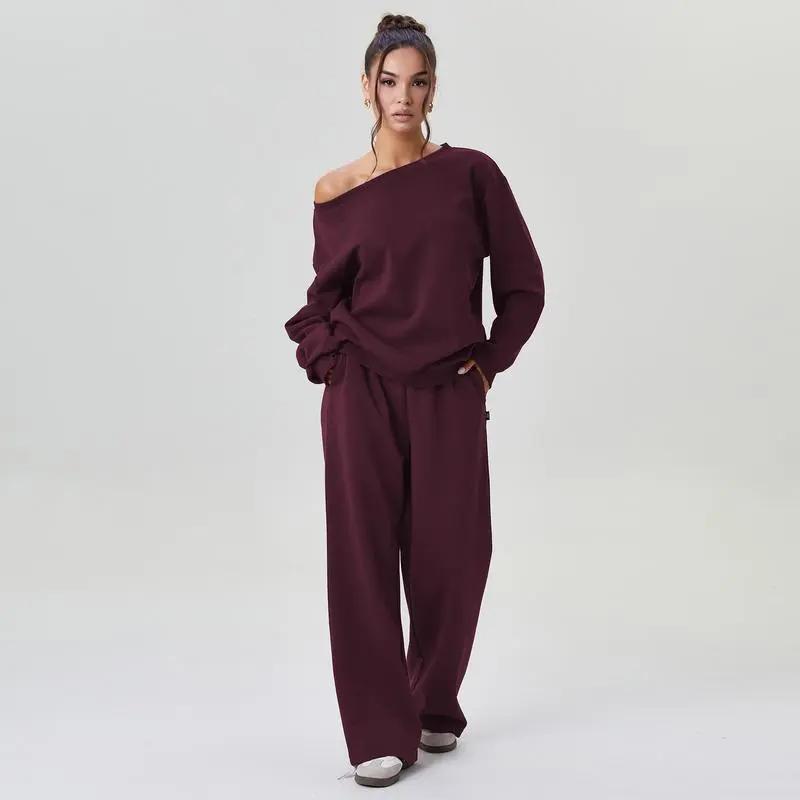 🔥8-PACKS 🔥Women's Leisure Solid Color Sloping Shoulder Long Sleeve Top & Wide Leg Trousers