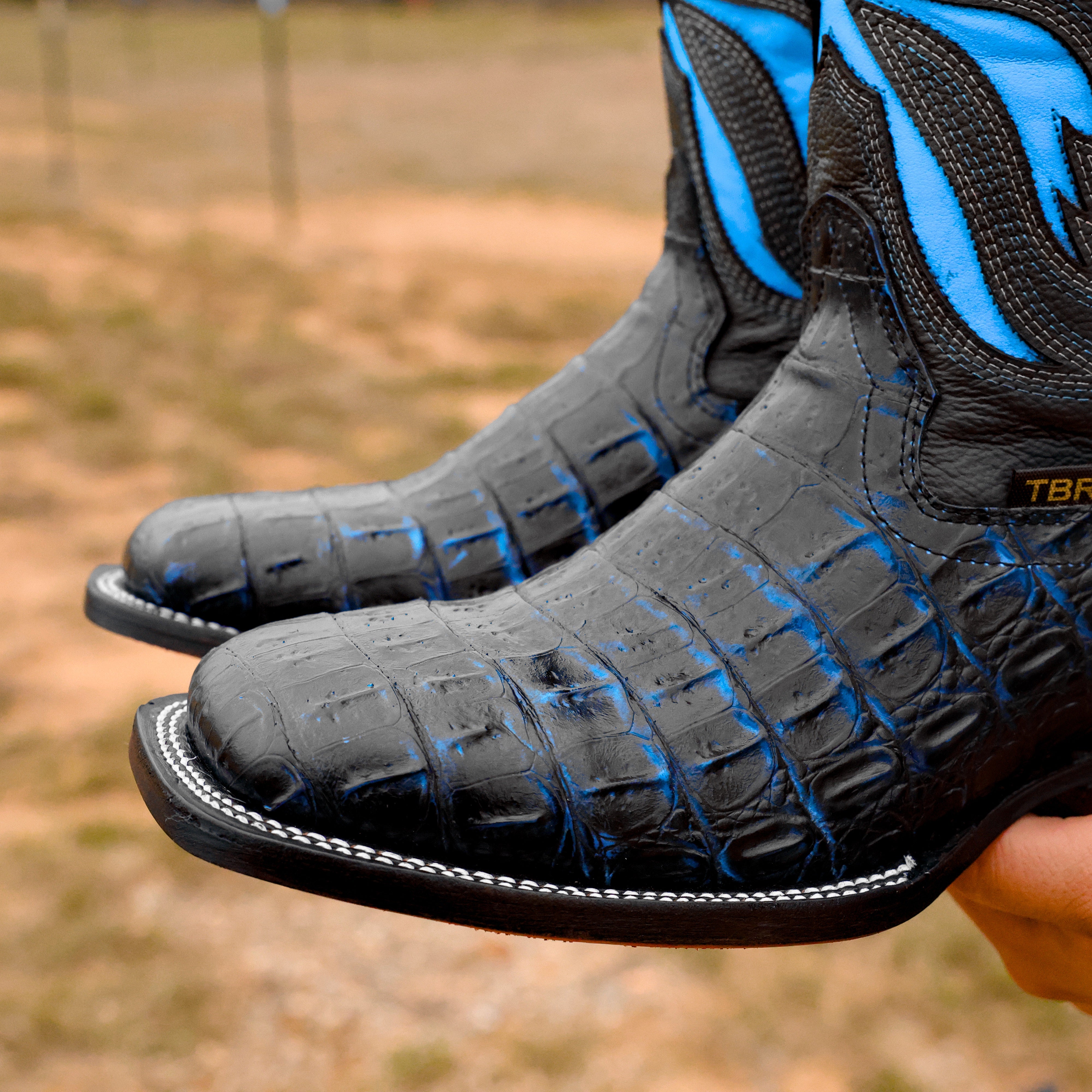 Black/Blue Caiman Hornback Leather Boots - Square Toe