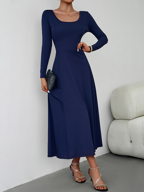 Solid Color Tied Waist A-Line High Waisted U-Neck Midi Dresses
