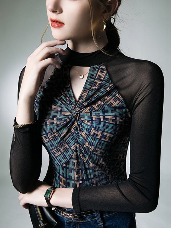 Hollow Knot Letter Print Split-Joint Long Sleeves Skinny Mock Neck T-Shirts Tops