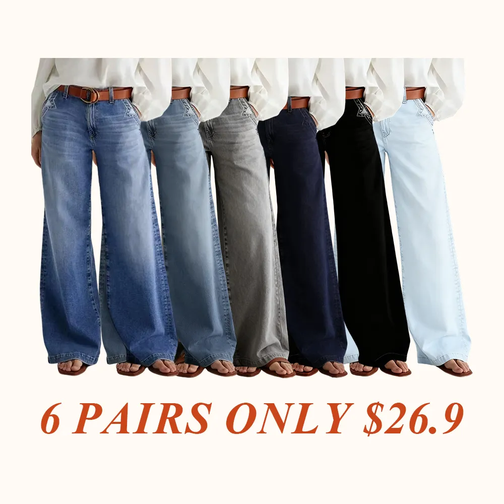 Women's Denim Wide Leg Pants with Pocket Patches, Casual Loose Fit Jeans for Daily Wear