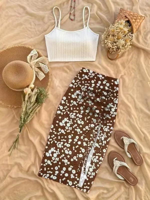 Women's Plain Cami Top & Ditsy Floral Print Ruched Drawstring Skirt