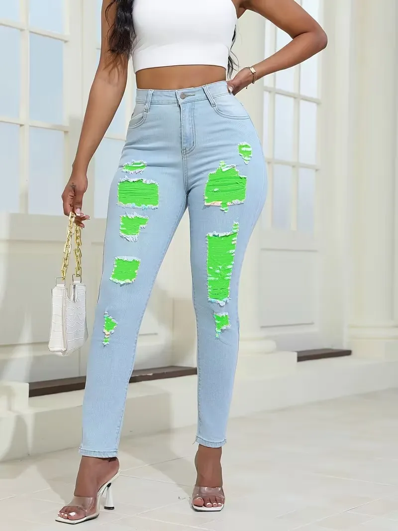 Women's Fashion Yellow Ripped Distressed Skinny Jean Slim Fit Denim Pants
