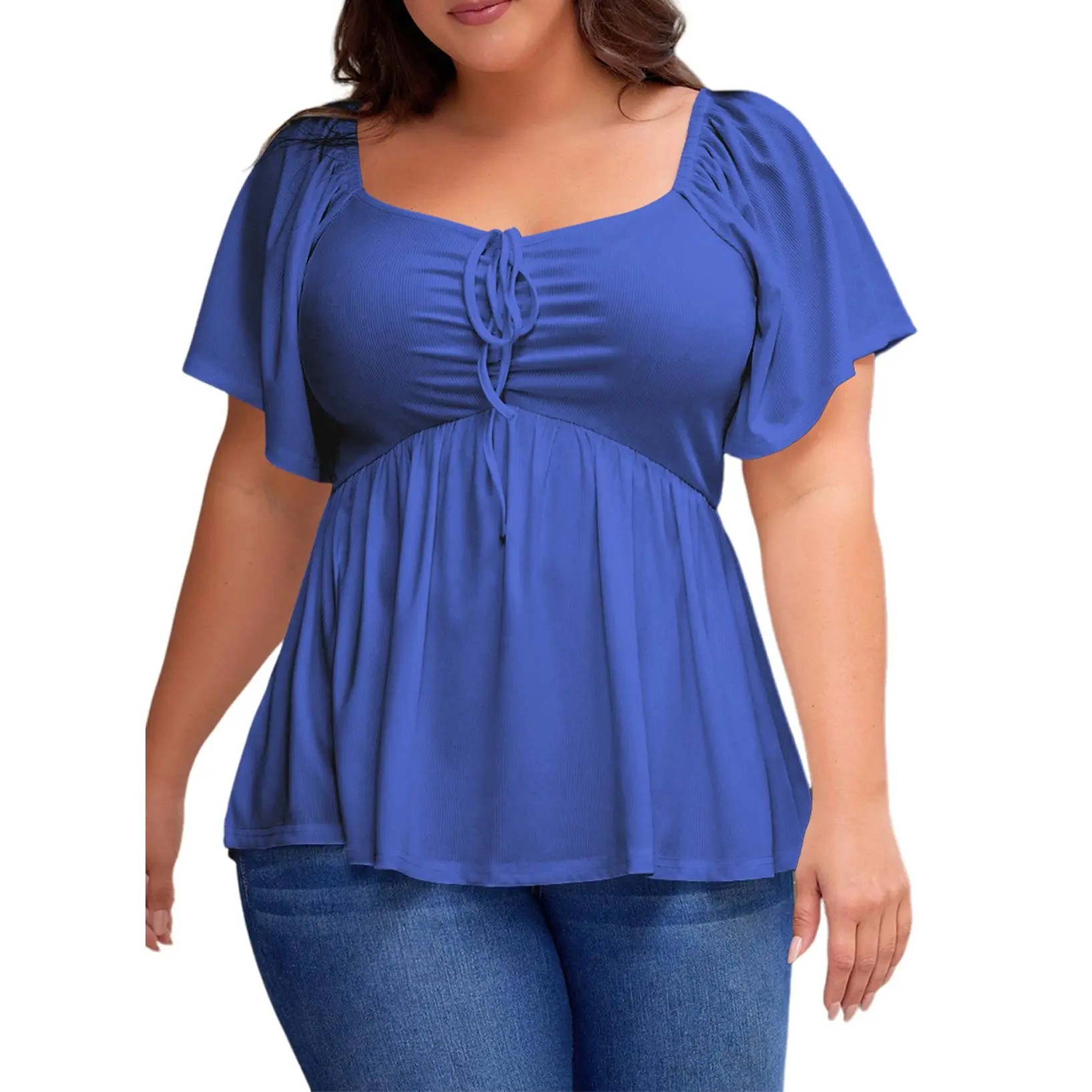 ⏰8 PACKS Women's Plus Size Sweetheart Neck Short Sleeve Shirred Peplum Blouse Tops Shirts(1X-5X)