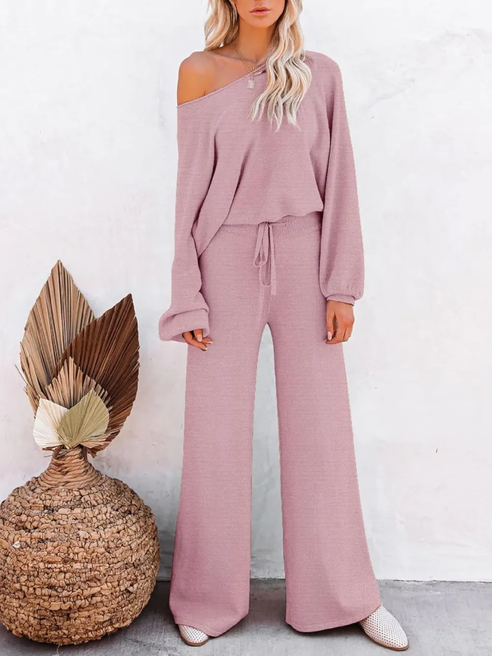 Womens Fall Winter Casual Solid Knitted 2 Piece Sets Long Sleeve Hoodie