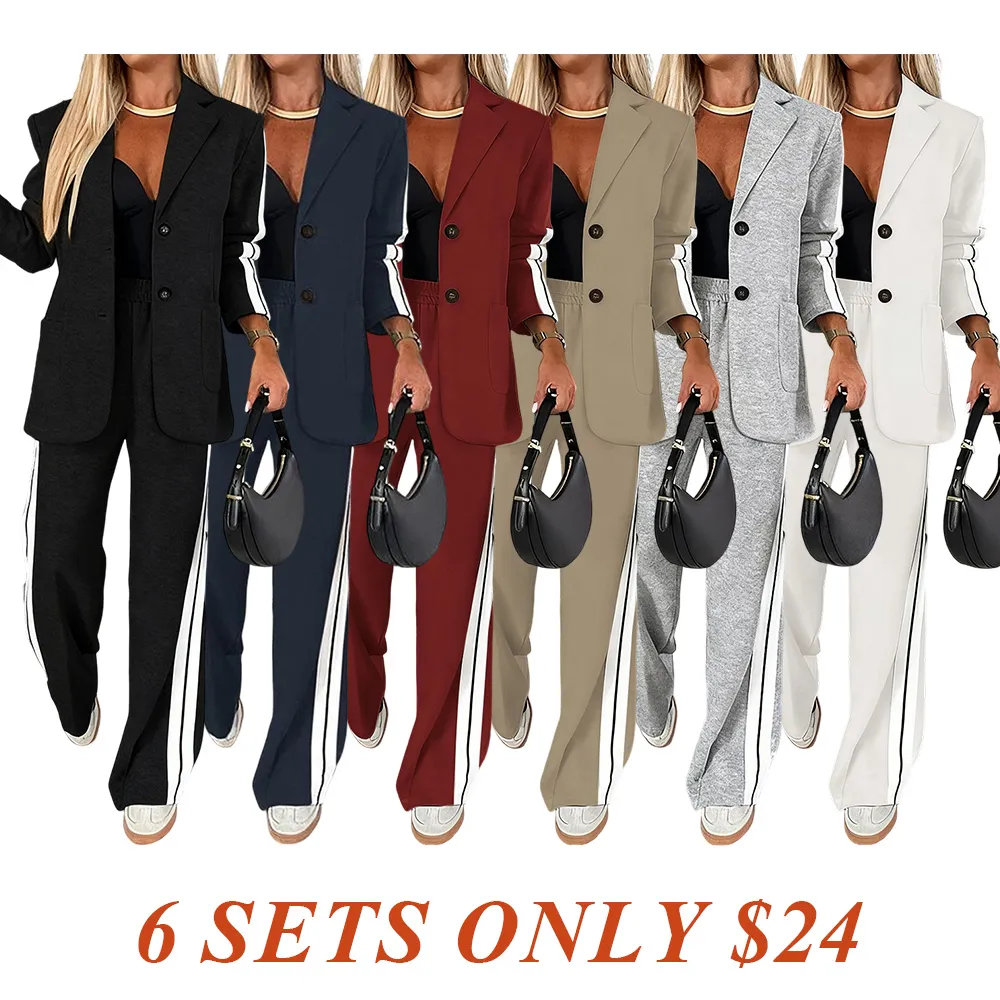 Women's Striped Print Blazer Jacket & Wide Leg Pants Set