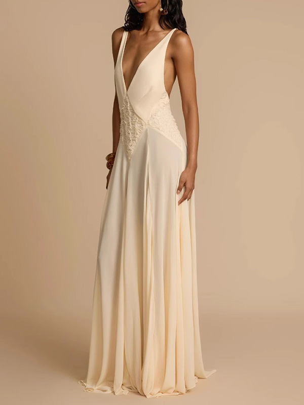 Lace Patchwork Solid Color Sleeveless V-Neck Elegant Chiffon Maxi Dresses