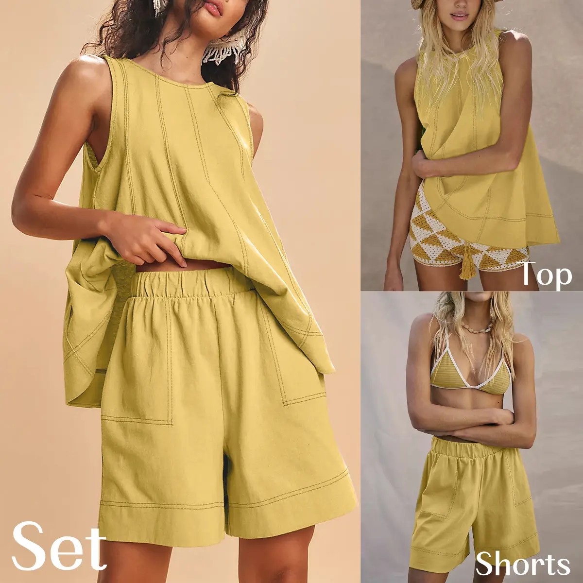 Women's 100% Cotton 2-Piece Set – A-Line Tank Top & High Waist Shorts with Pockets