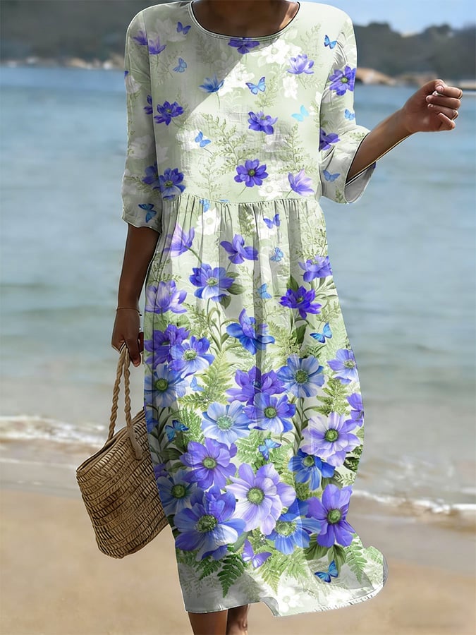 Women's Casual Solid Color Round Neck Mid-Sleeve Floral Print Cotton Linen Dress- Fast Shipping