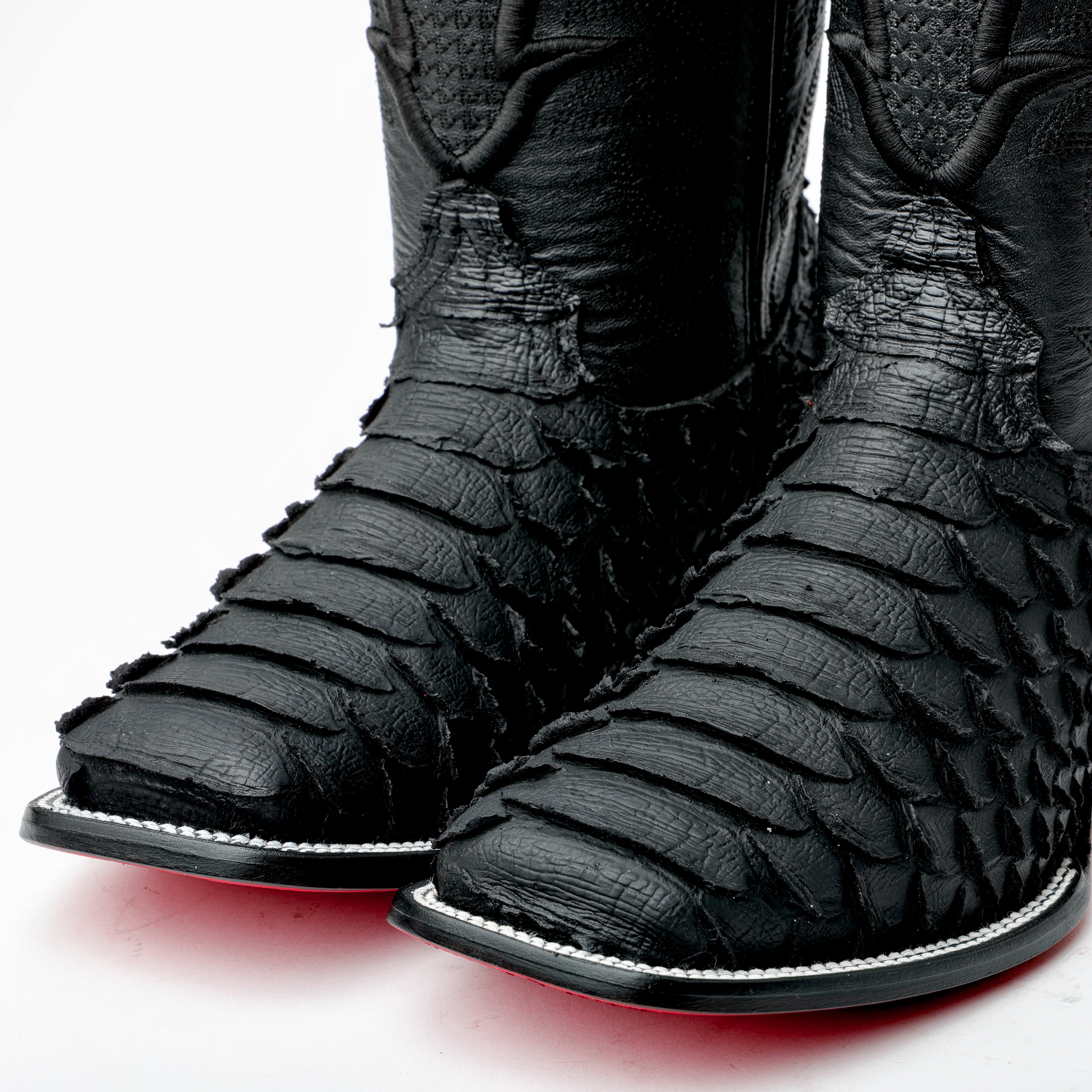 Matte Black Jumbo Python Leather Boots - Square Toe