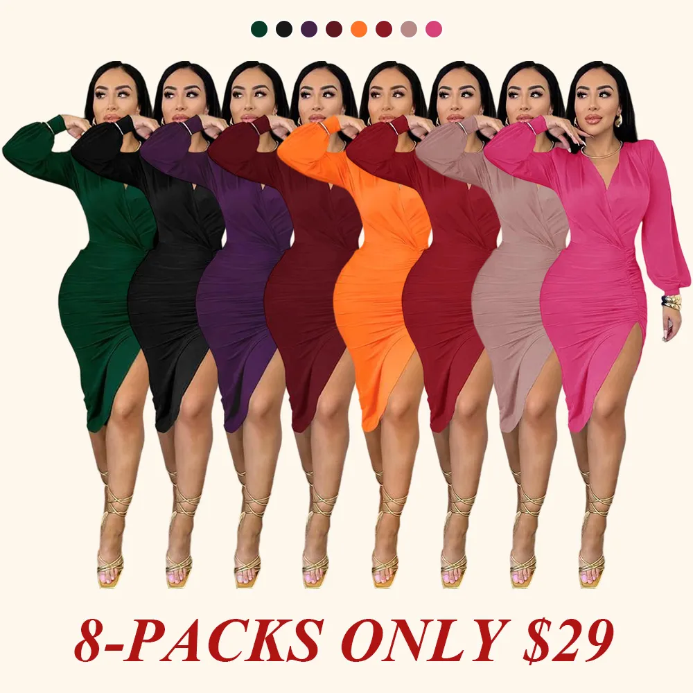 Women's Plain Ruched Wrap Split Thigh Bodycon Dress