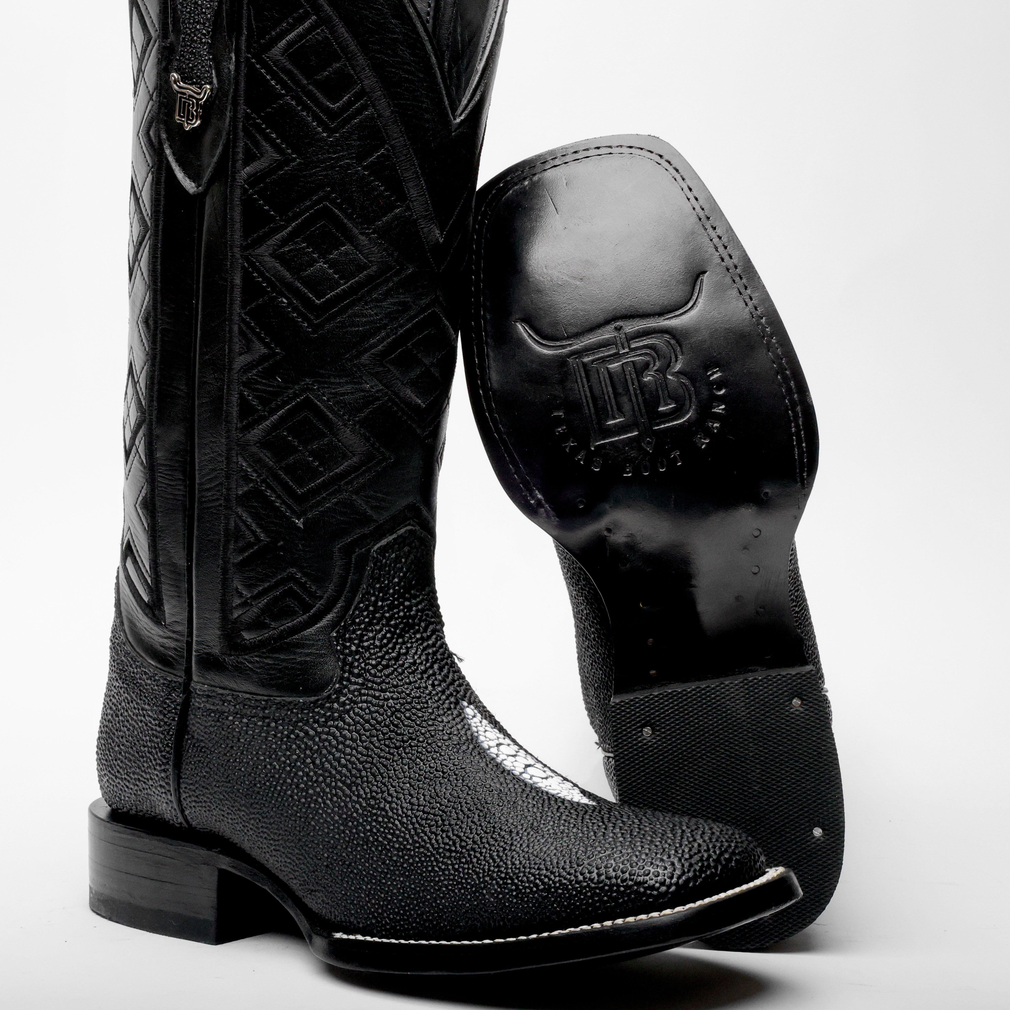 Black Stingray Leather Boots - Square Toe