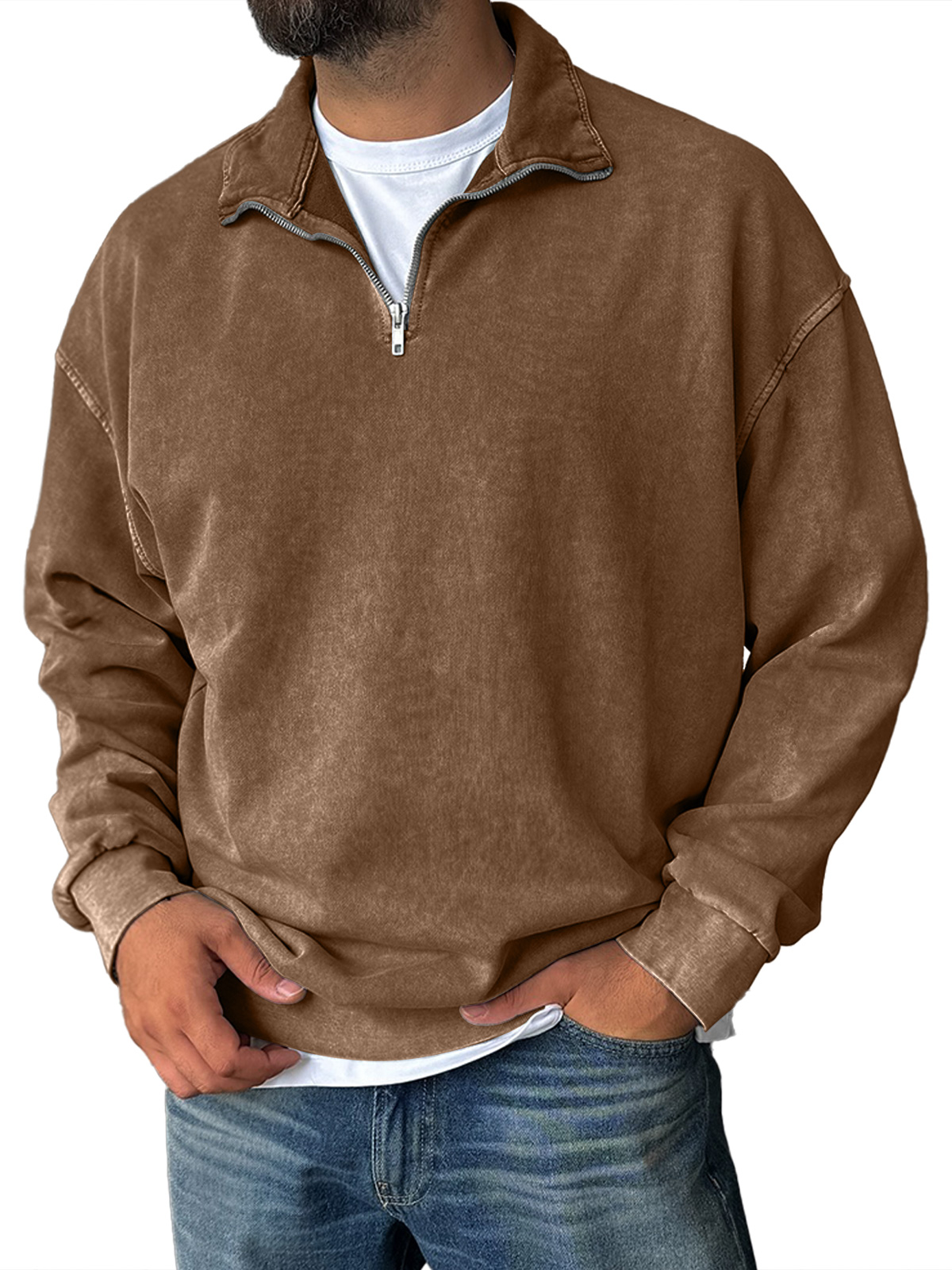 Men's Fashionable Retro Half-zip Stand Collar Casual Sweatshirt