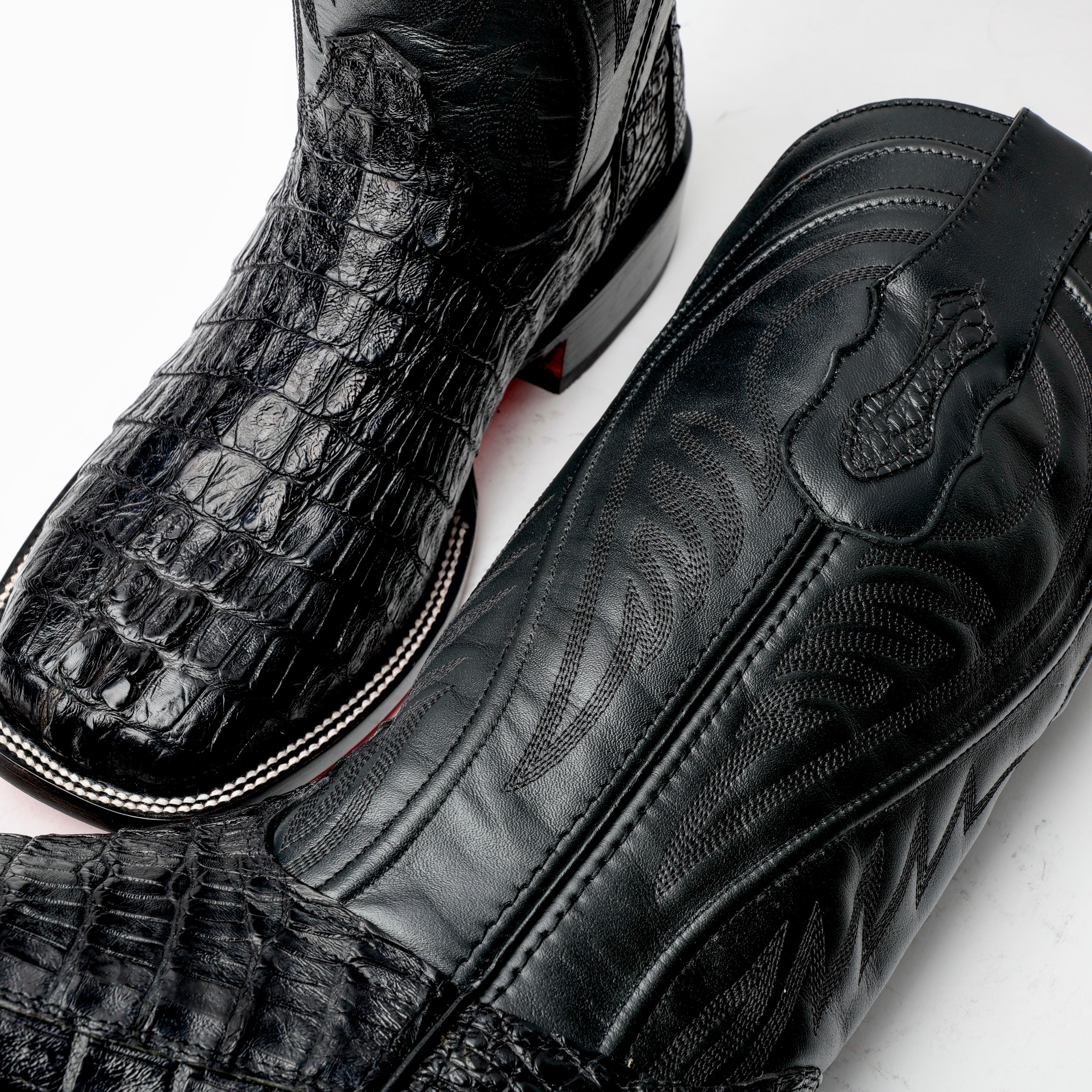 Black GENUINE Caiman Tail Boots - Square Toe