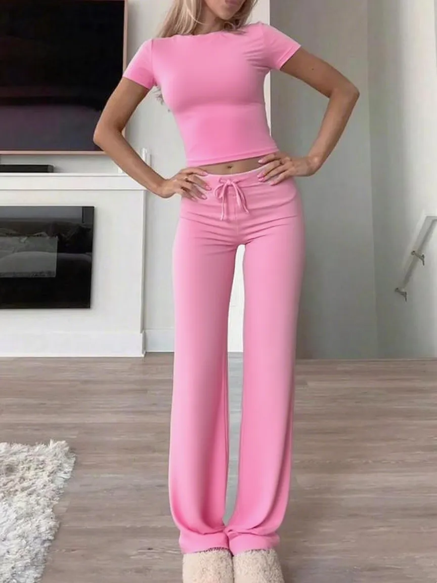 Women's Plain Shortsleeve Top & Drawstring Pants Set