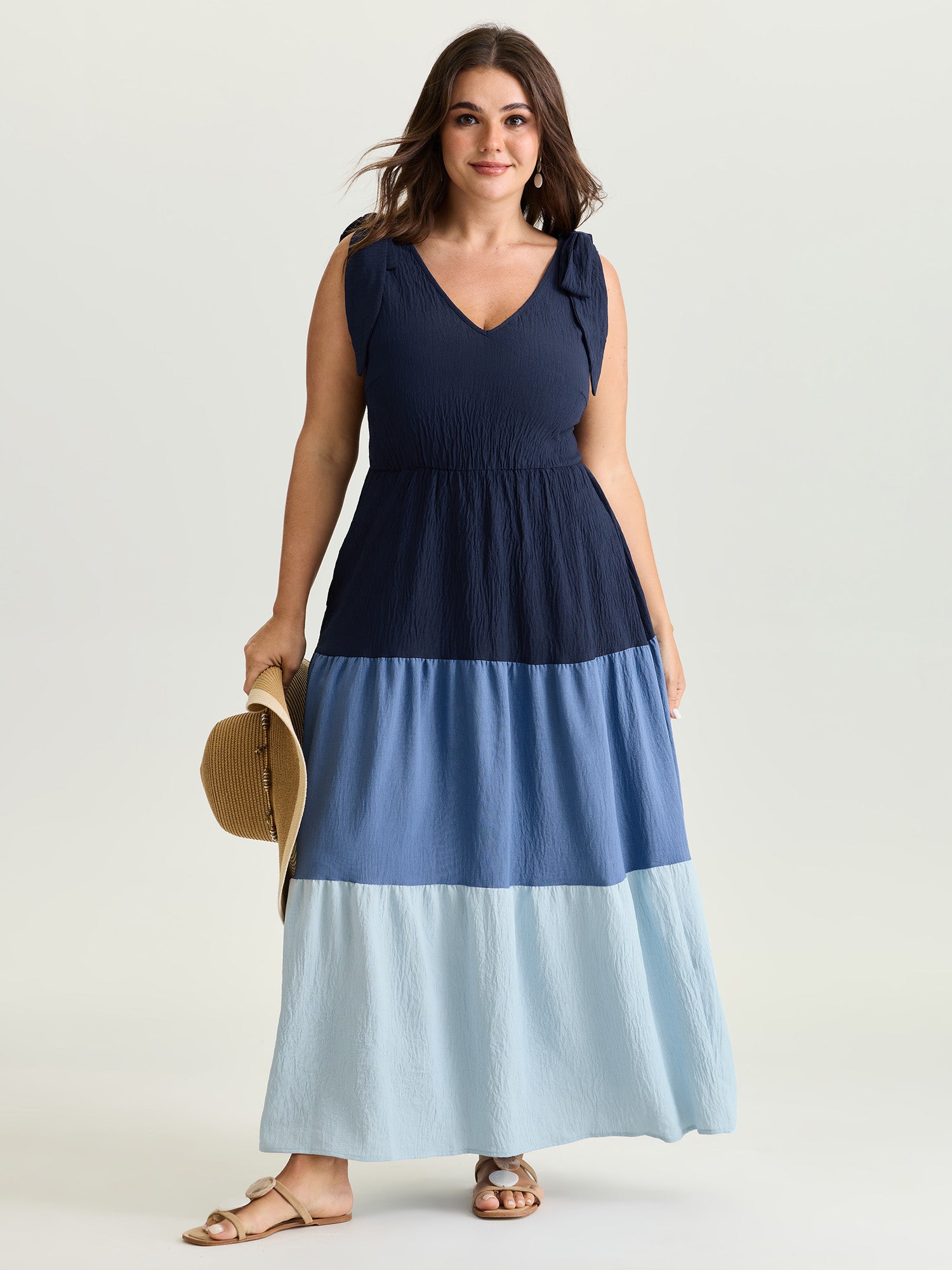 Colorblock Shoulder-Tie Tiered Maxi Dress