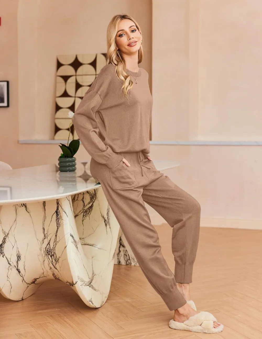 Women's Long Sleeve Knit Loungewear Set Jogger Pants Outfit