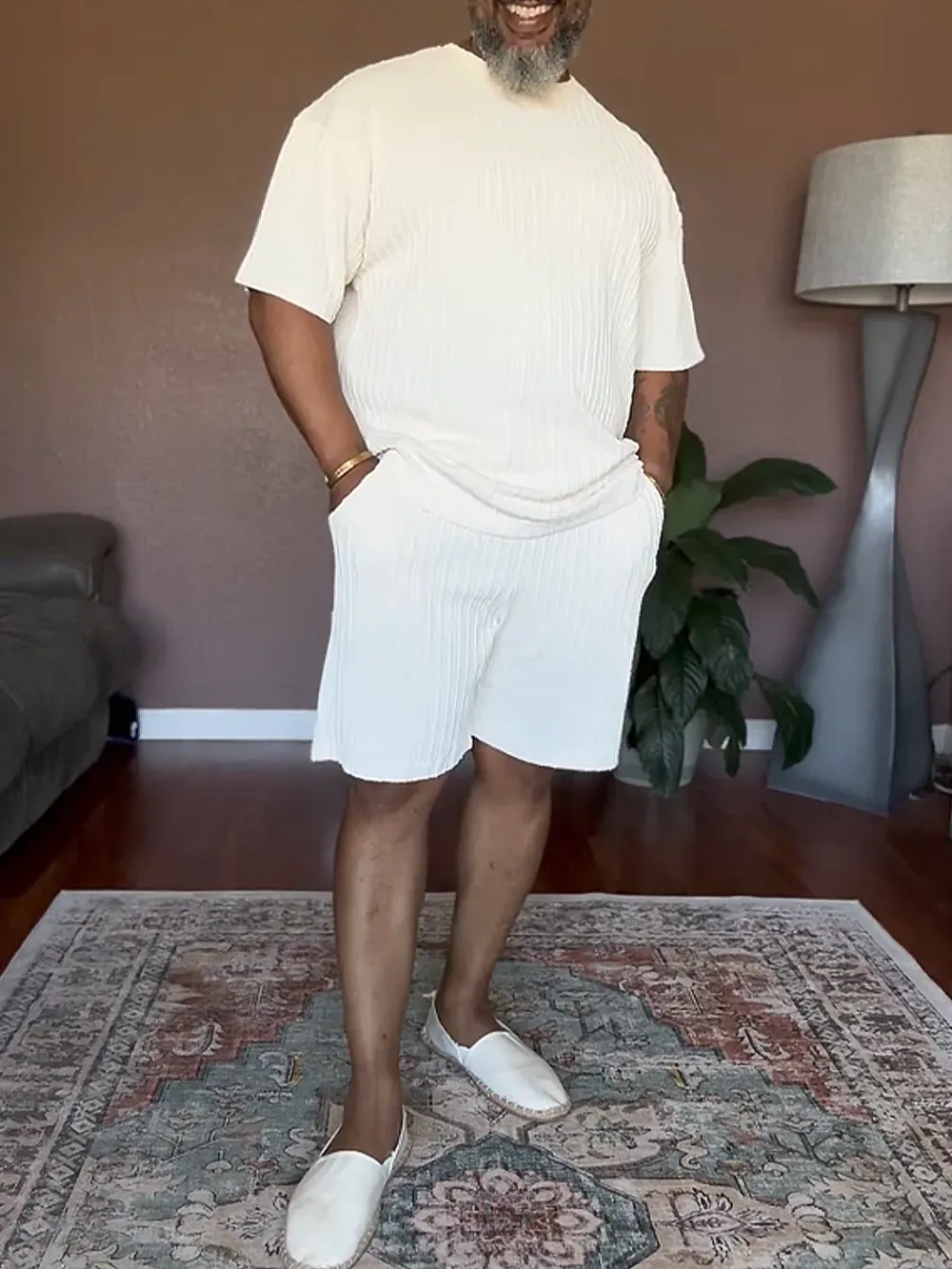 Men'S Solid Color Textured T-Shirt & Pants Set