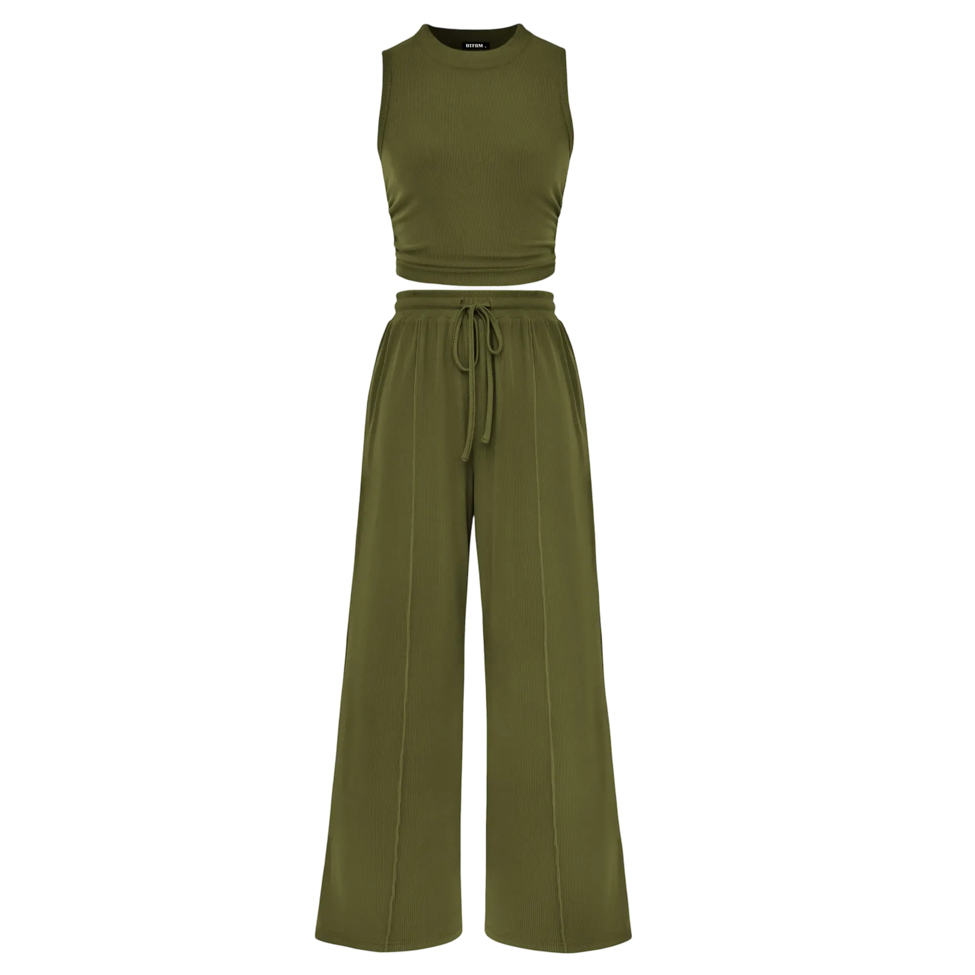 Women's Summer Two-Piece Set — Ribbed Knit Crew Neck Sleeveless Cropped Top